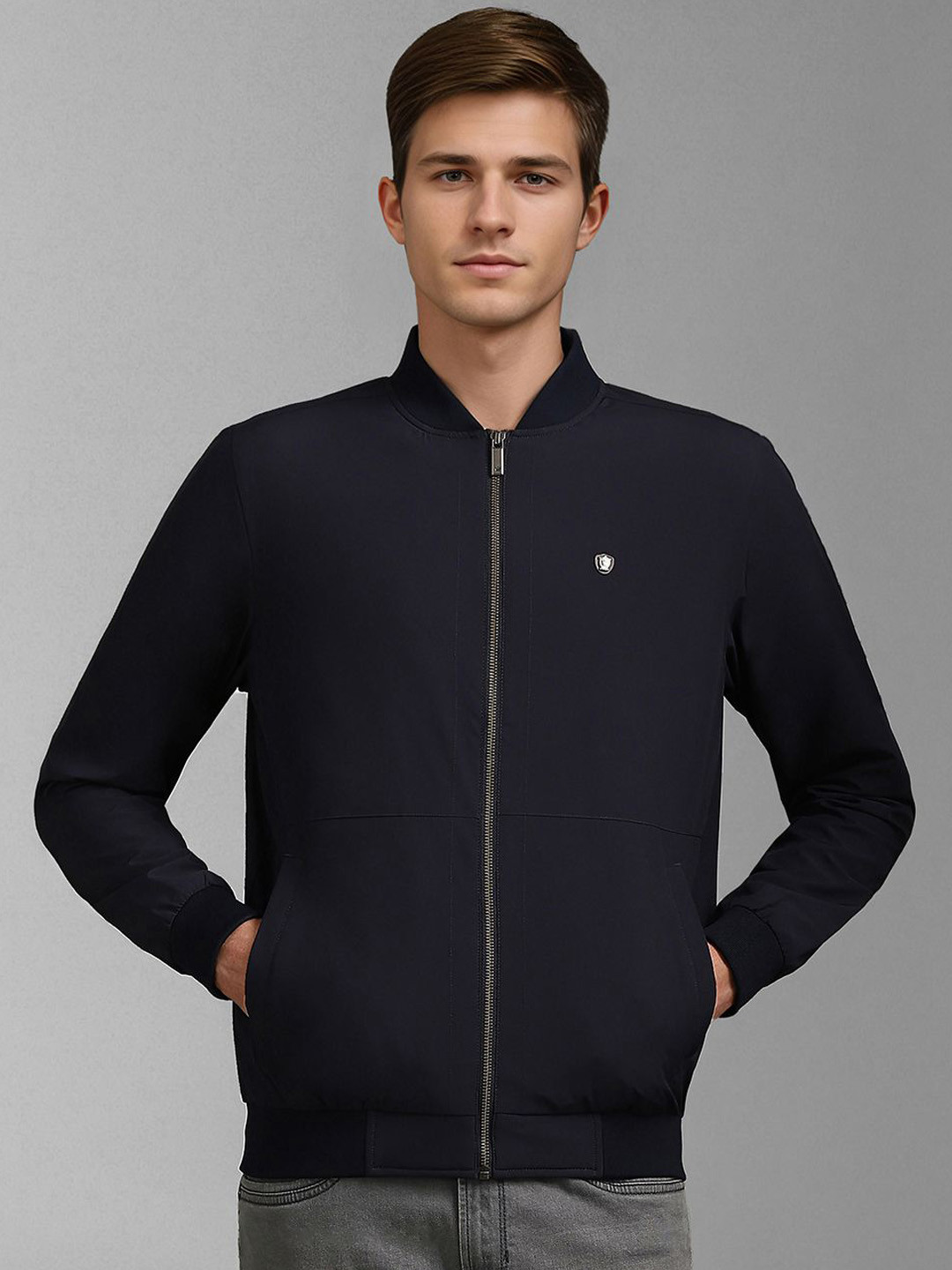 Louis Philippe Men Mandarin Collar Open Front Bomber acket