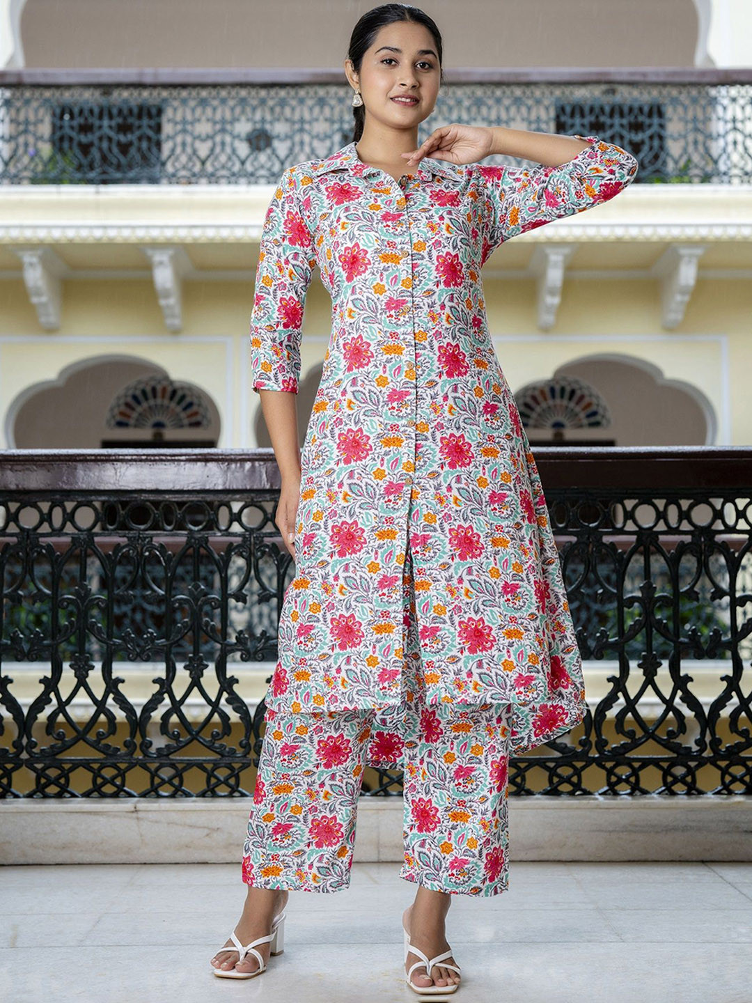 Dress21 Floral Printed Shirt Collar Pure Cotton A-Line Kurta with Trousers