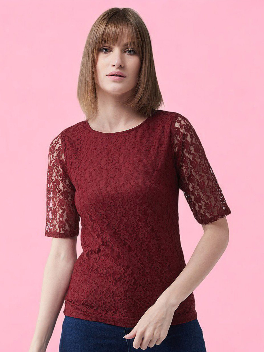 DressBerry Women Round Neck Half Sleeves Basic Lace Crop Top