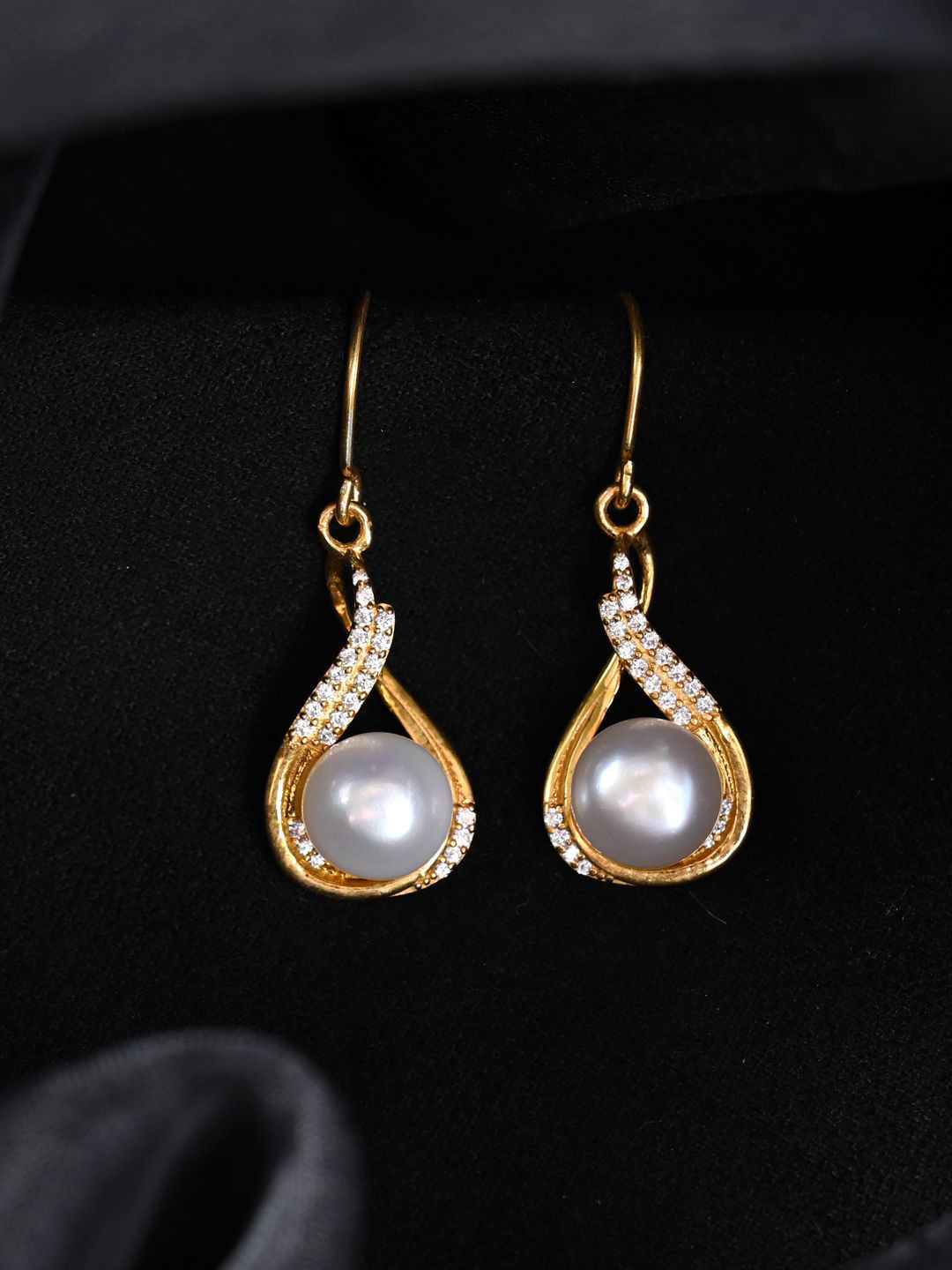 Clara 925 Sterling Silver Gold Plated Esin Pearl Beaded Contemporary Drop Earrings
