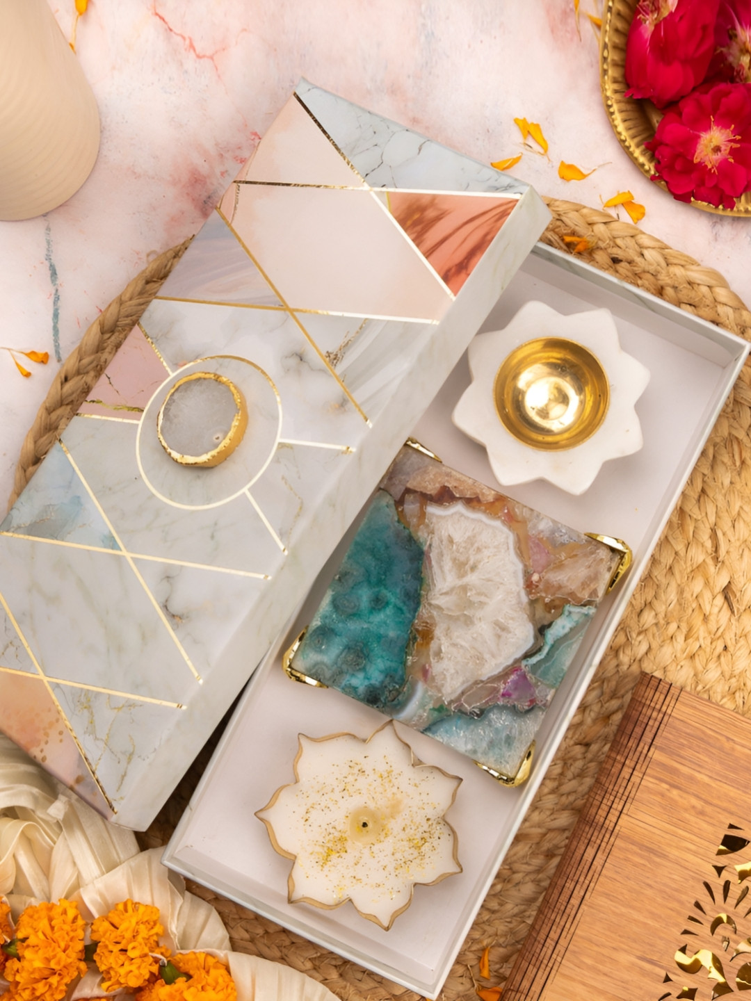 HOMEARTE Beige & White Stoneware Chowki With Diya Bowl And Candle Holder