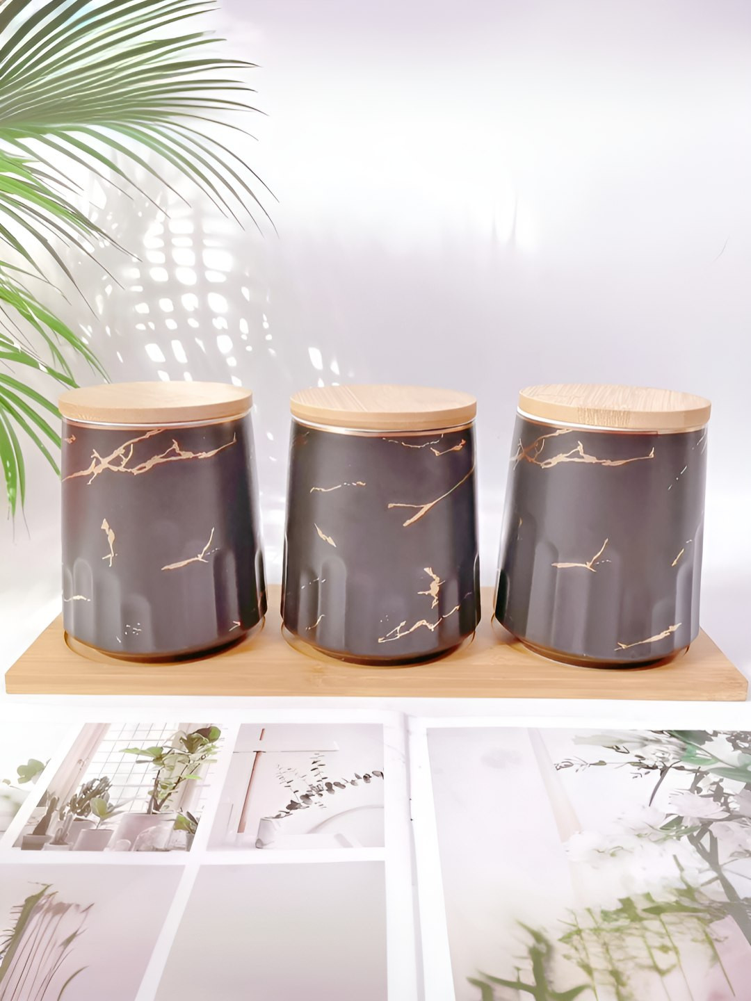 Umai Black Marble Ceramic Stain Resistant 3 Piece Clip-On Jar-280ml