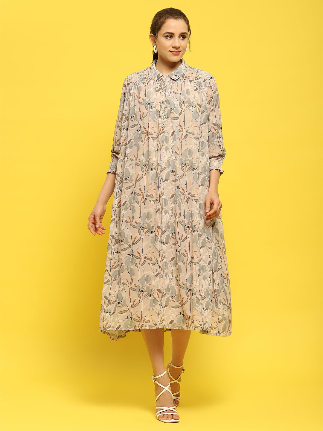 Shree Print Bishop Sleeve Georgette Fit & Flare Midi Dress