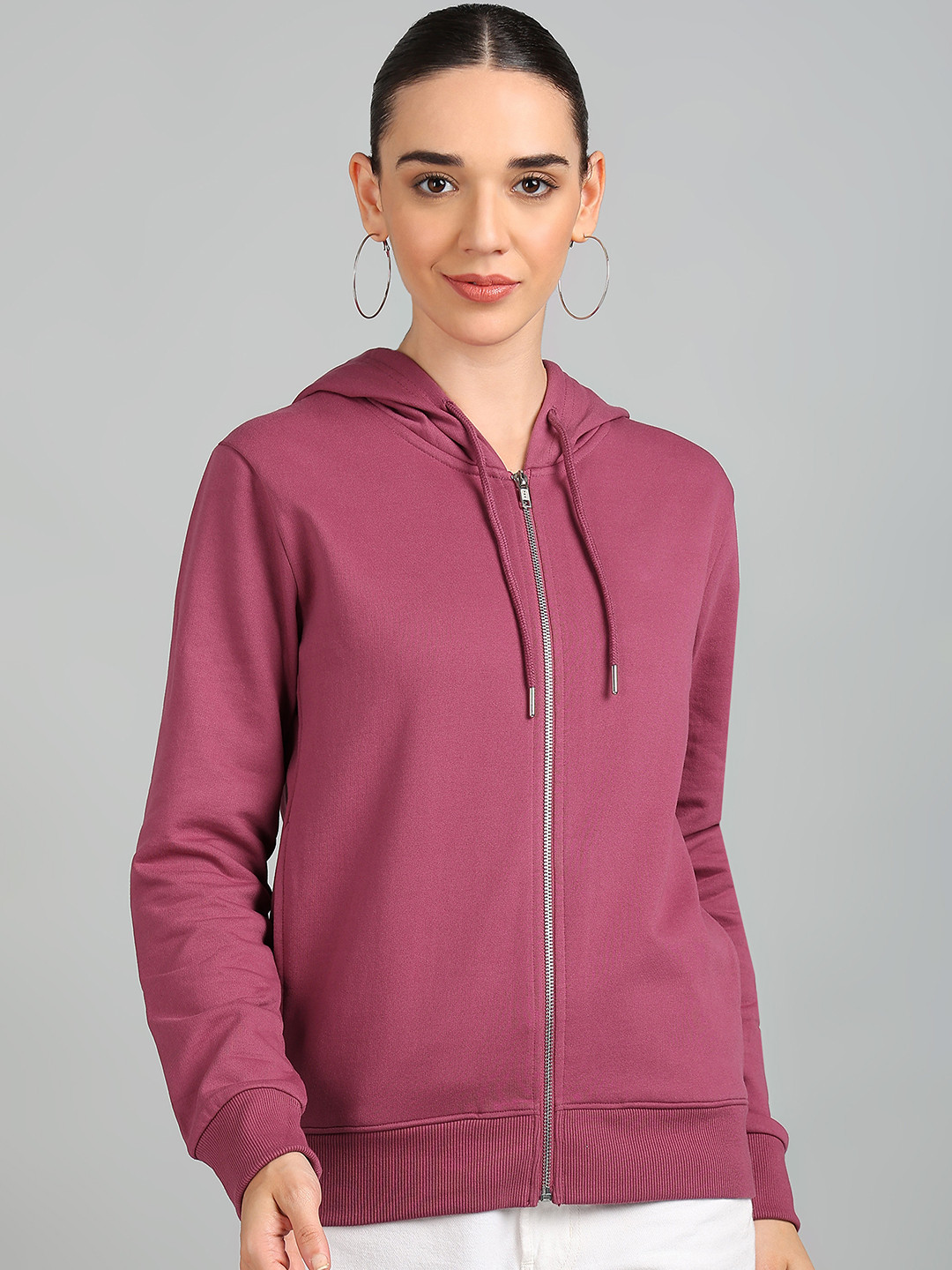 Alan Jones Women Solid Hooded Front-Open Sweatshirt