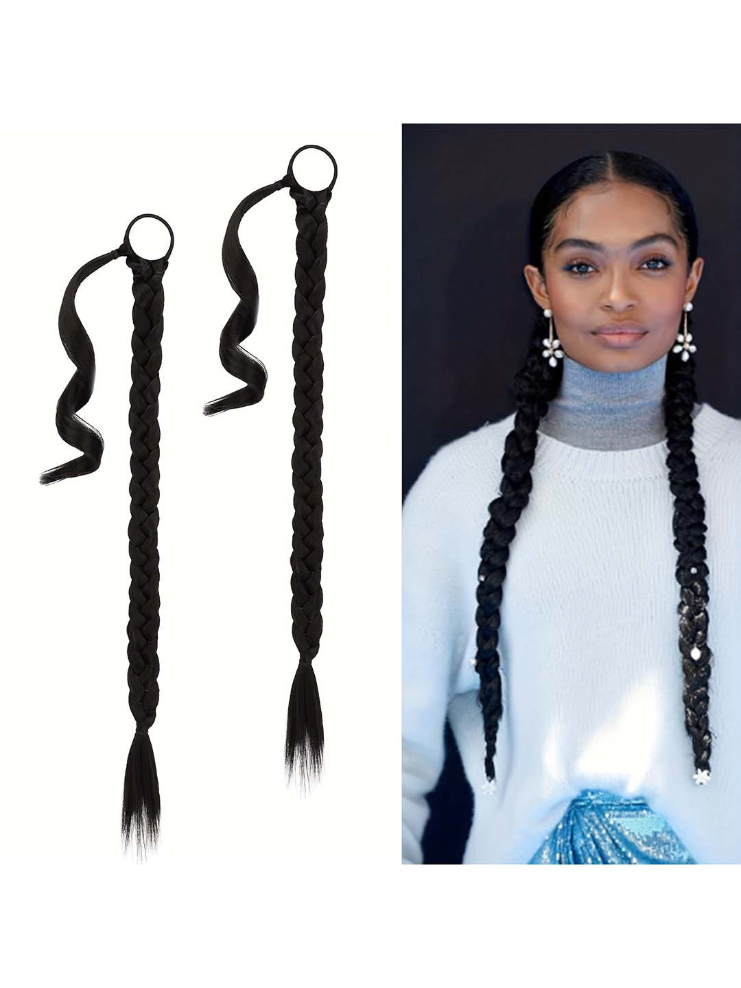 CHRONEX 2 Pcs Long Braided Ponytail Extensions-Natural Brown