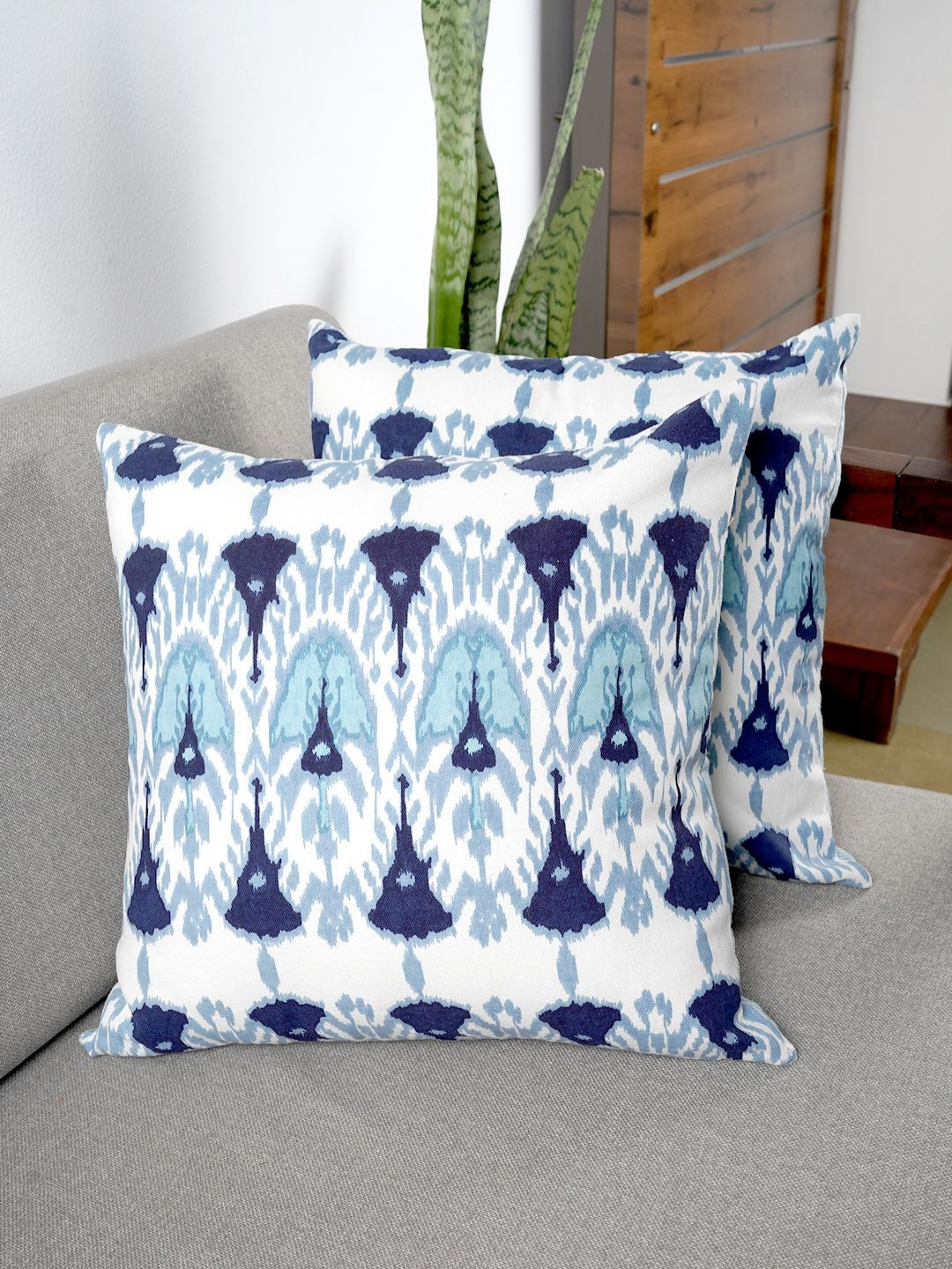 Ratan Cart Ikat Blue Self Design Cotton Washable 2 Piece Square Cushion Covers -16x16In