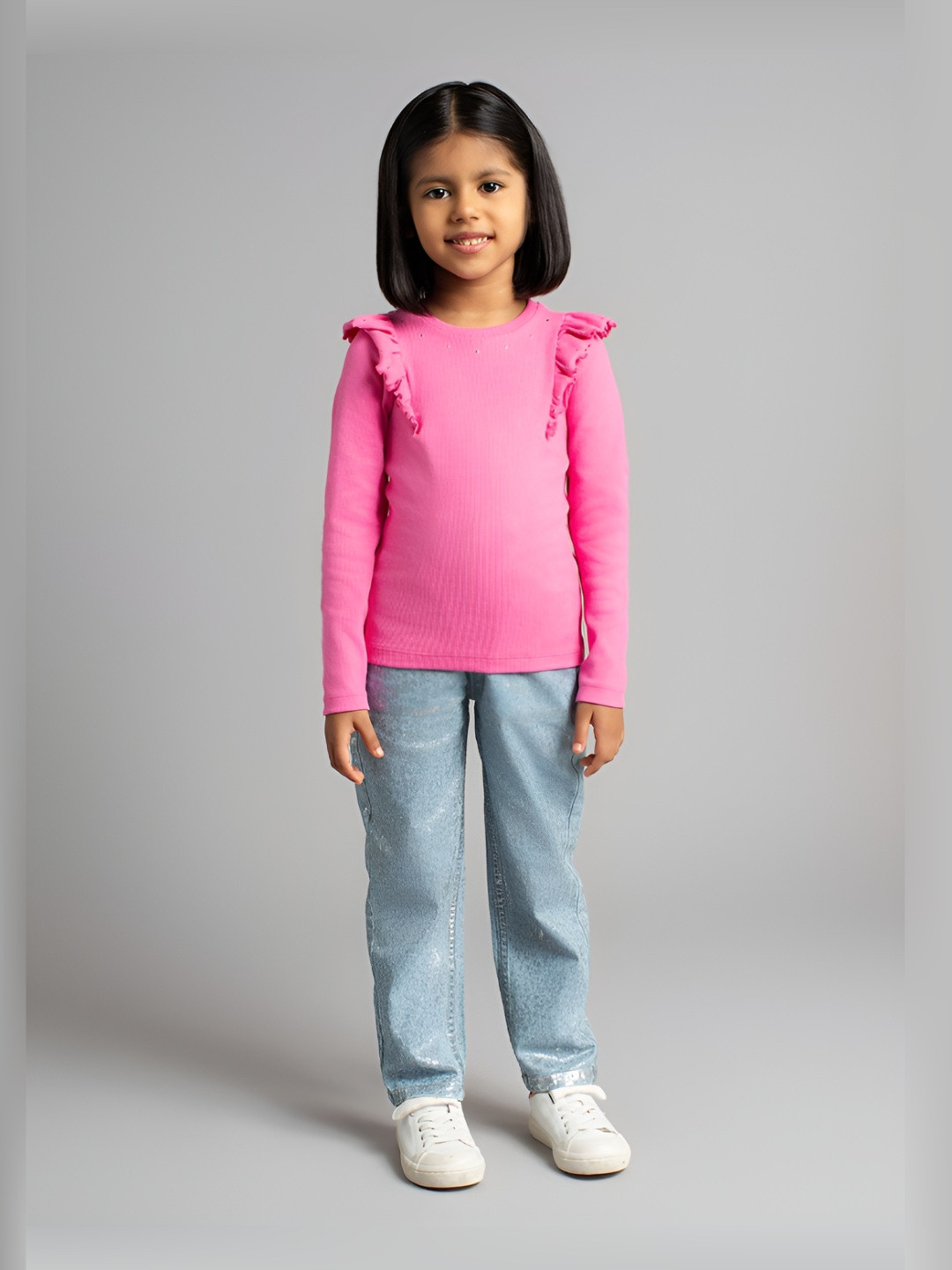 Ed-a-Mamma Girls Bio Finish Self Design Round Neck Cotton T-shirt