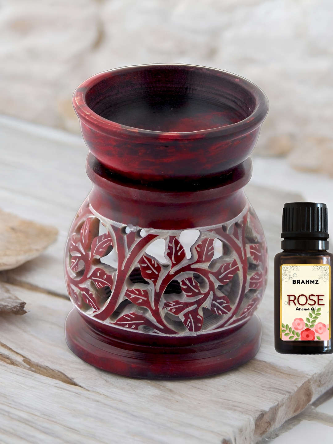 Brahmz Red 3 Pieces Candle With Tealights And Rose Oil Marble Aroma Diffusers