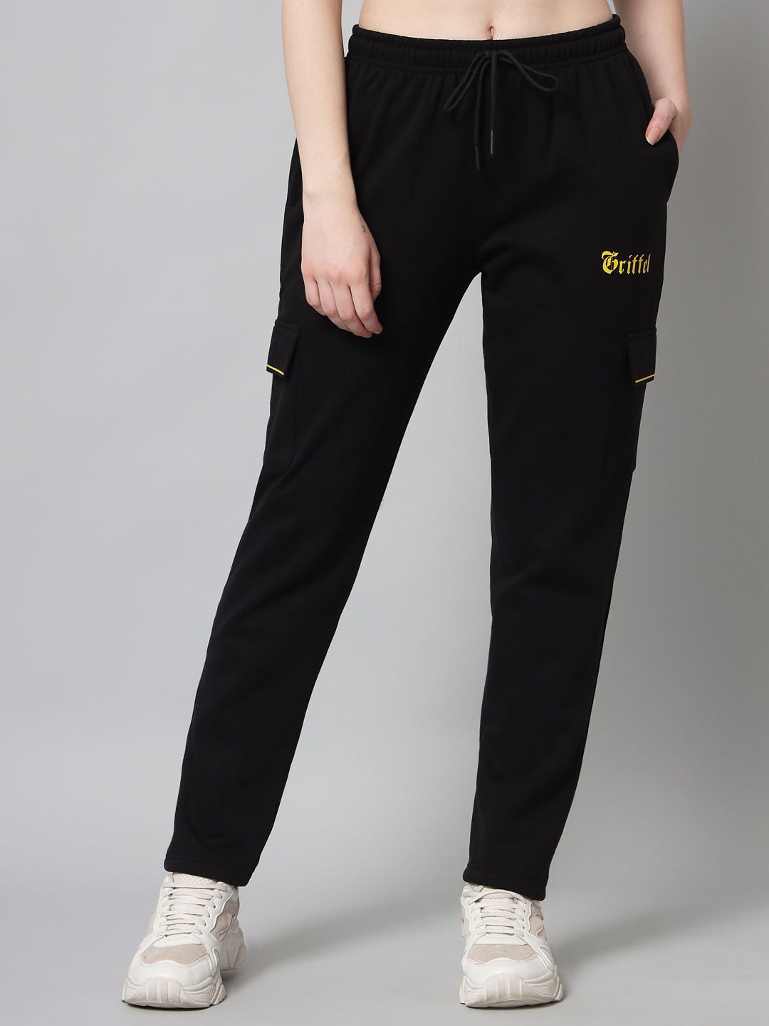 GRIFFEL Women Brand Logo Printed Straight Fit Track Pants