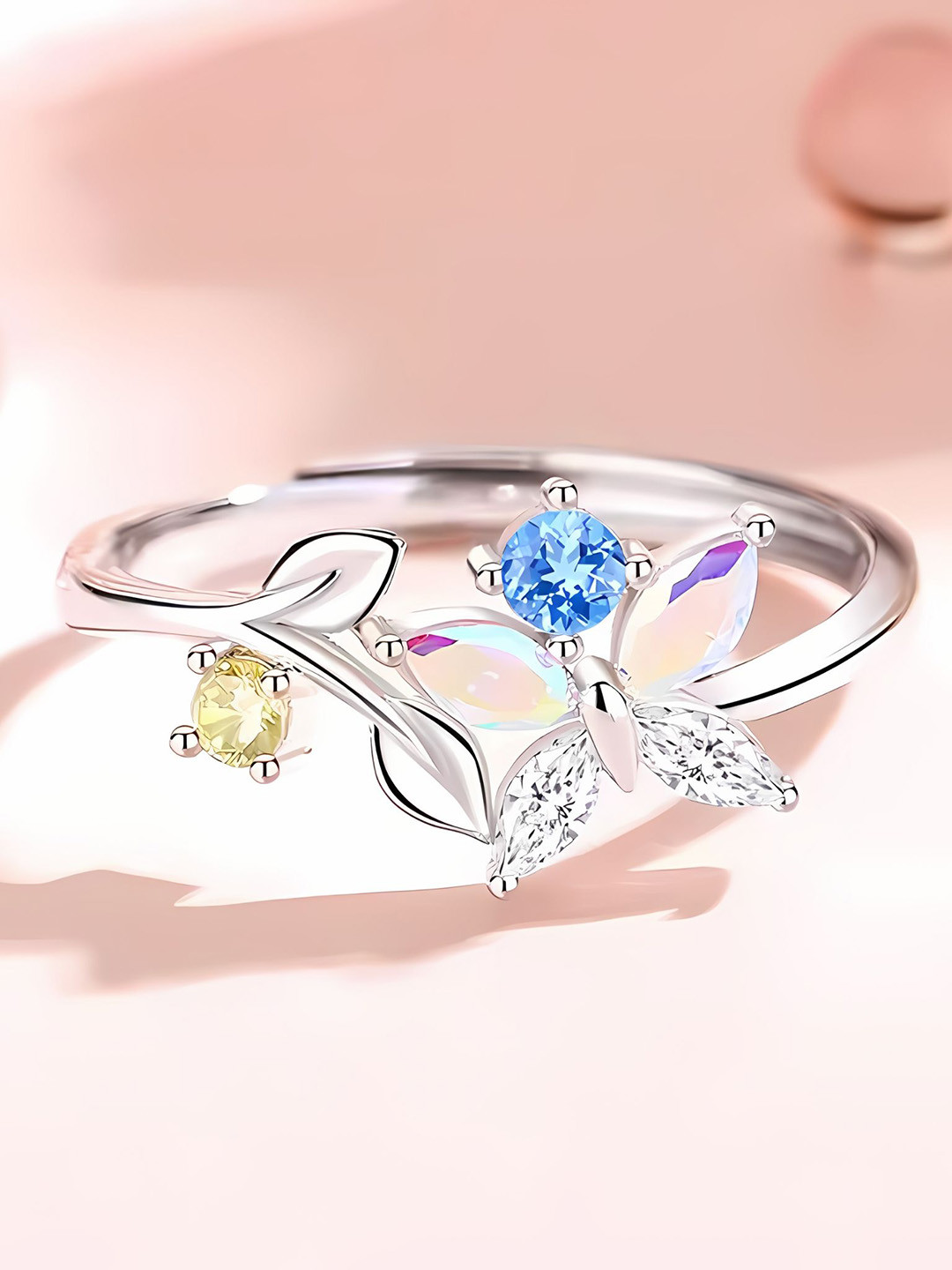 BRD Jewelry 925 Sterling Silver Rhodium-Plated CZ Studded Butterfly Finger Ring