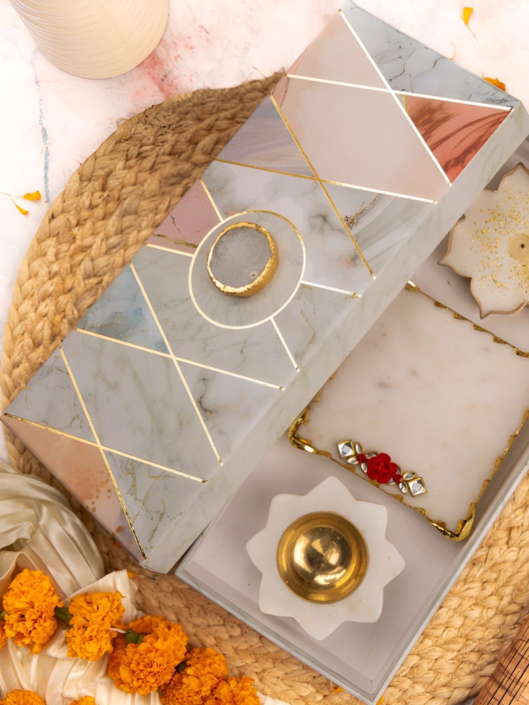HOMEARTE White Marble Chowki With Diya Bowl And Candle Holder