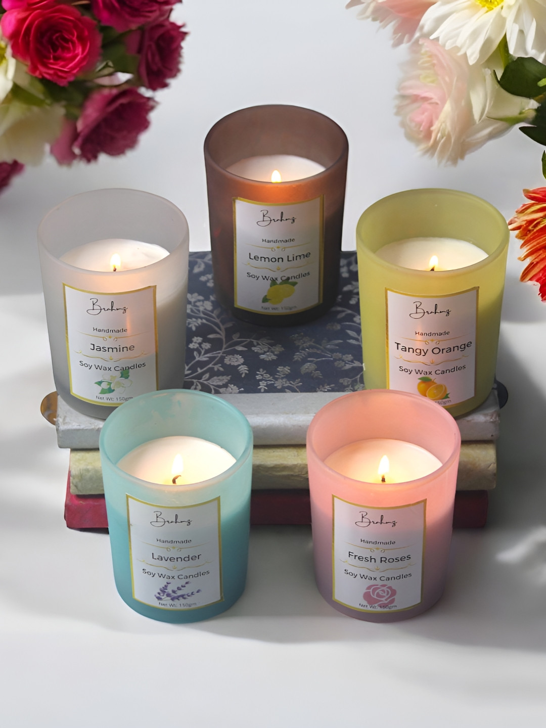 Brahmz Wax Glass Candle Jar 5Pcs Fresh Rose, Tangy Orange, Jasmine, Lemon , Lavender Candles