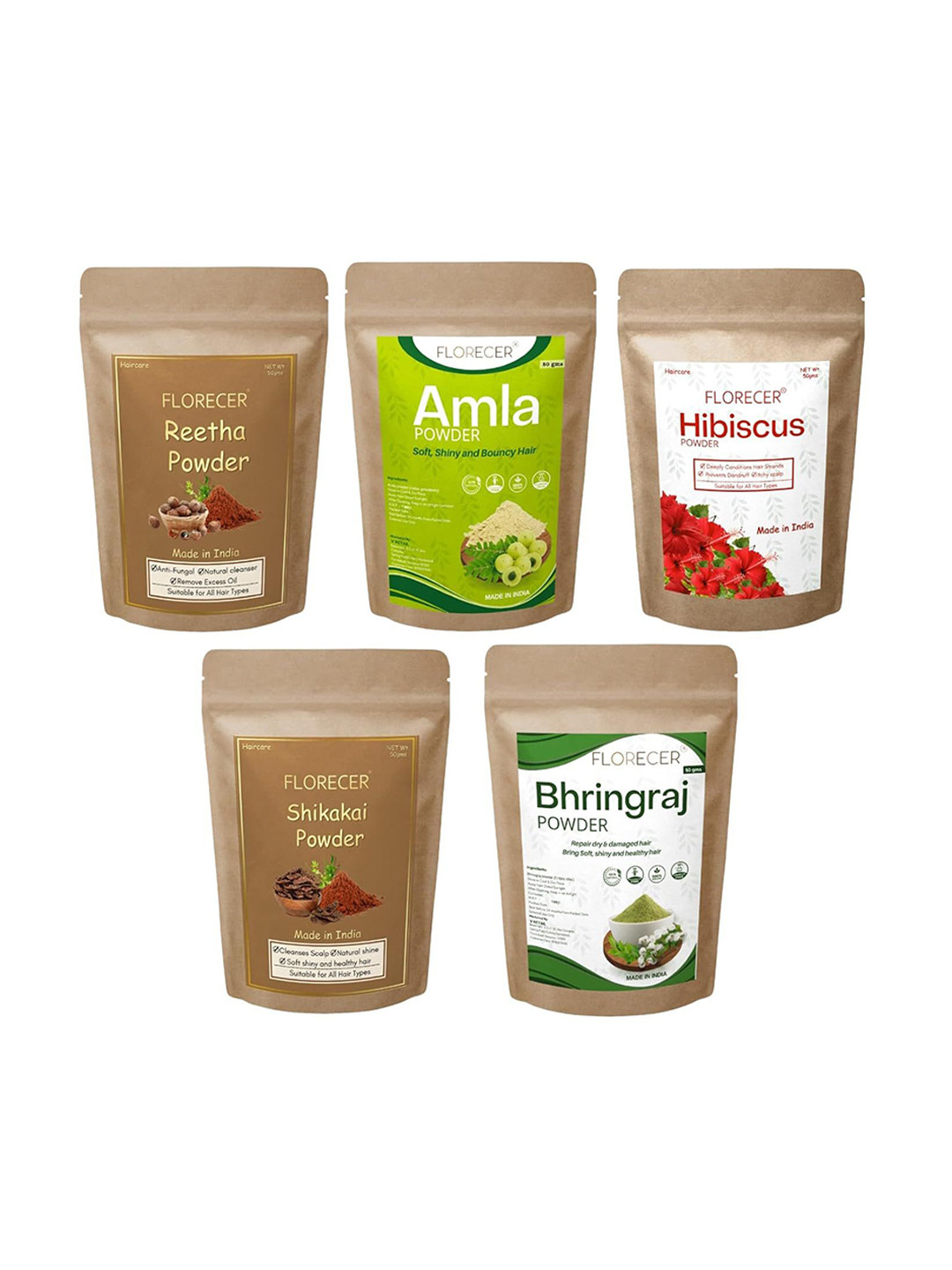 FLORECER Set Of 5 Amla, Reetha, Shikakai, Bhringraj & Hibiscuss Powder For Hair-50g Each