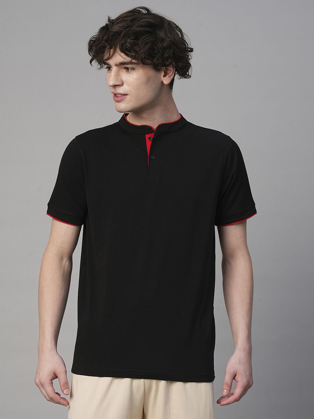 PRONK Men Solid Henley Neck Cotton T-shirt