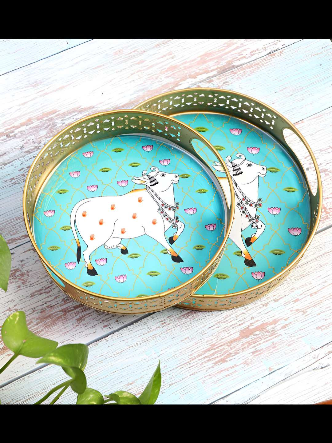 Amaya Decors Gold-Toned & White 2 Pieces Pichwai Printed Metal Serving Tray