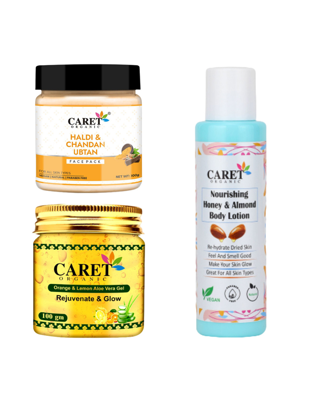 CARET ORGANIC Ubtan Face Pack & Honey Almond Body Lotion & Orange Lemon Aloevera Gel Combo