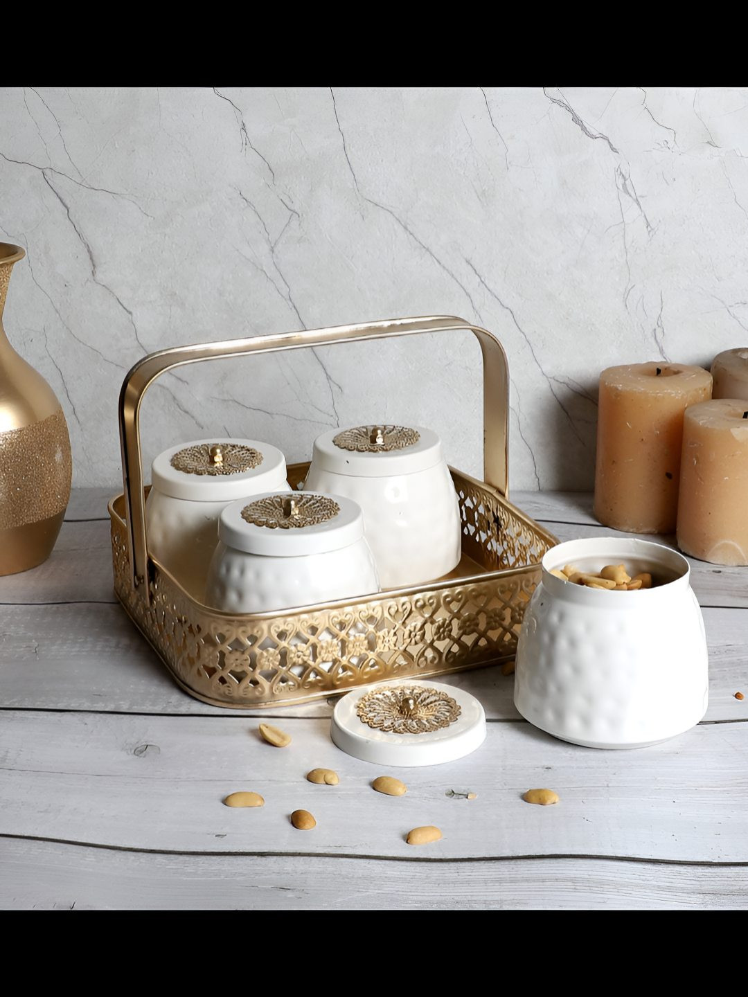 Amaya Decors Gold-Toned & White 4 Pieces Textured Container With Basket