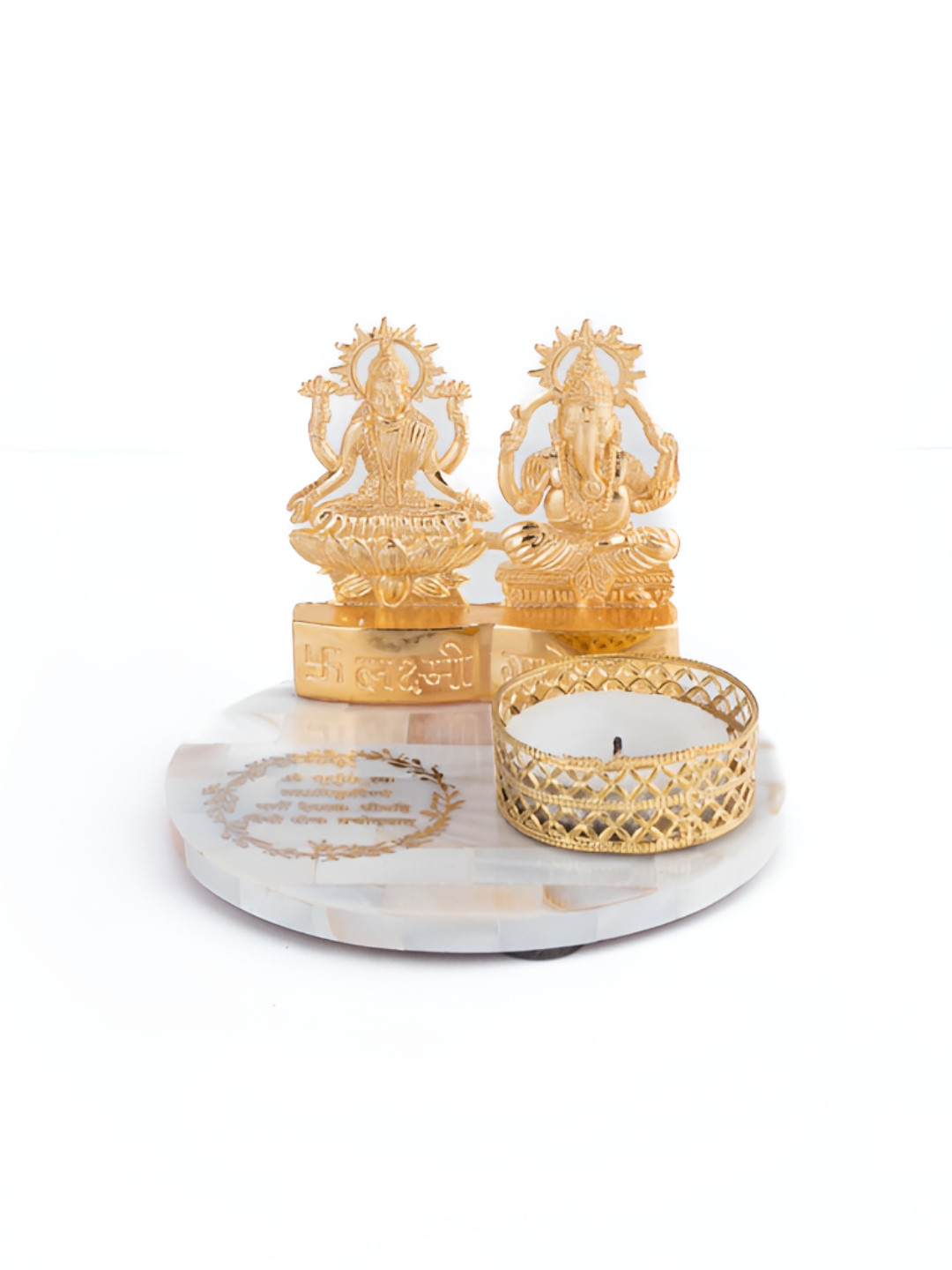 HOMEARTE Off White Laxmi Ganesha With Gayatri Mantra Round Base Showpiece Tealight Holder