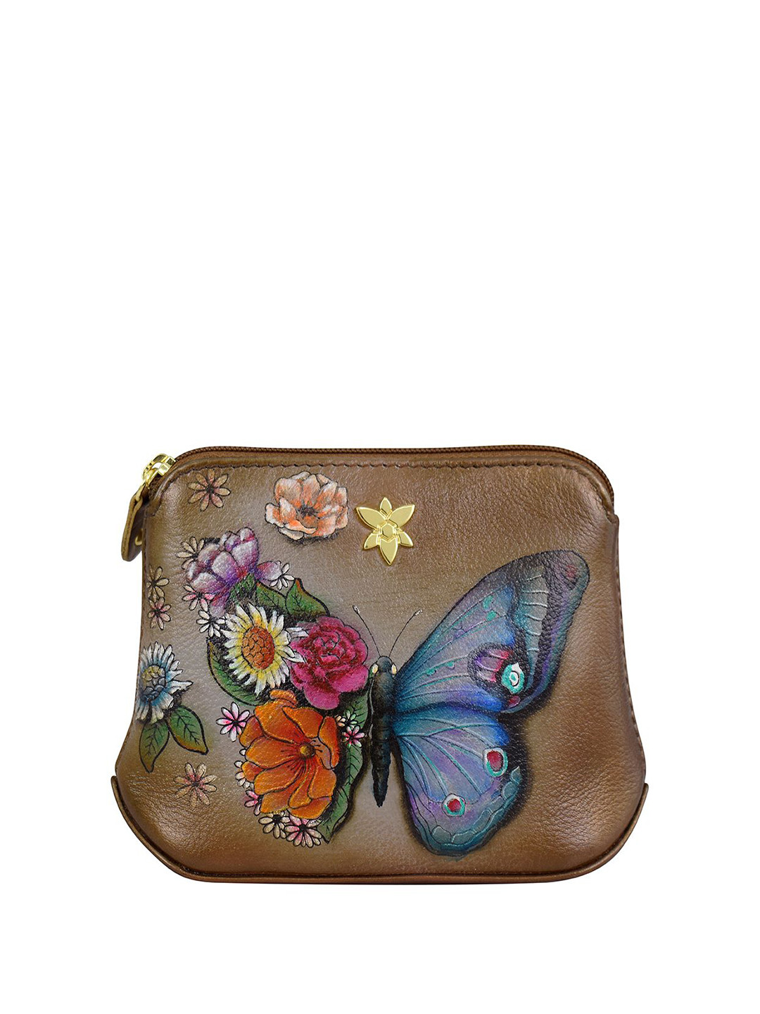 Anuschka Women Butterfly Blooms Bronze Hand Painted Leather Multi Purpose Zip Pouch