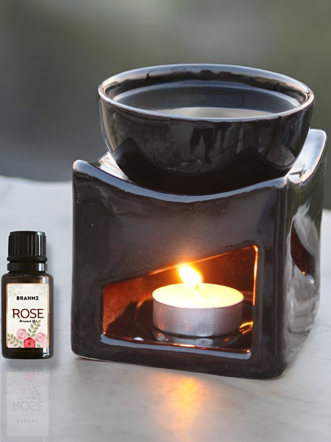 Brahmz Black 3 Pieces Square Pot Candle With Tealights & Rose Oil Ceramic Aroma Diffusers