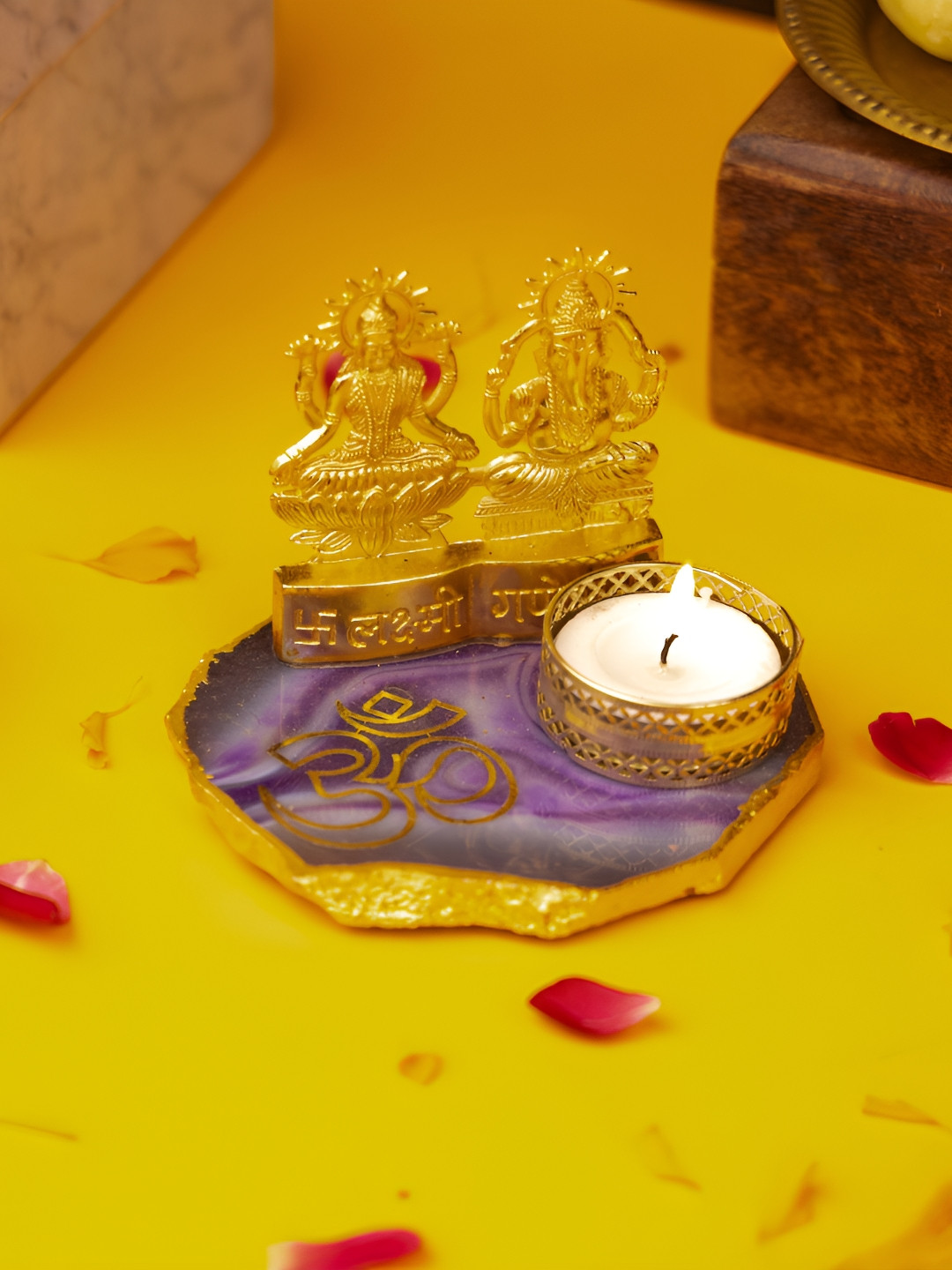 HOMEARTE Purple & Gold-Toned Stoneware Laxmi Ganesha Om Tealight Holder