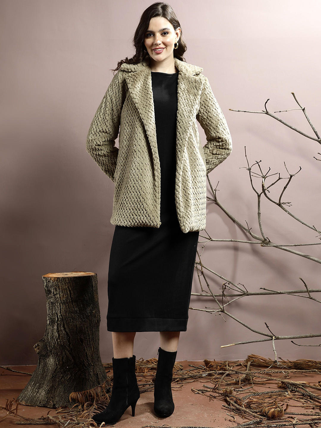 Athena Women Self Design Hip Length Overcoat