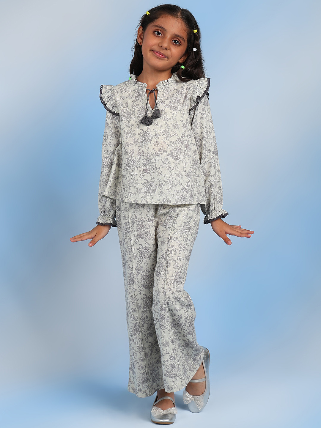 The Tribe Kids Girls Floral Printed Tie-Up Neck Cotton Top