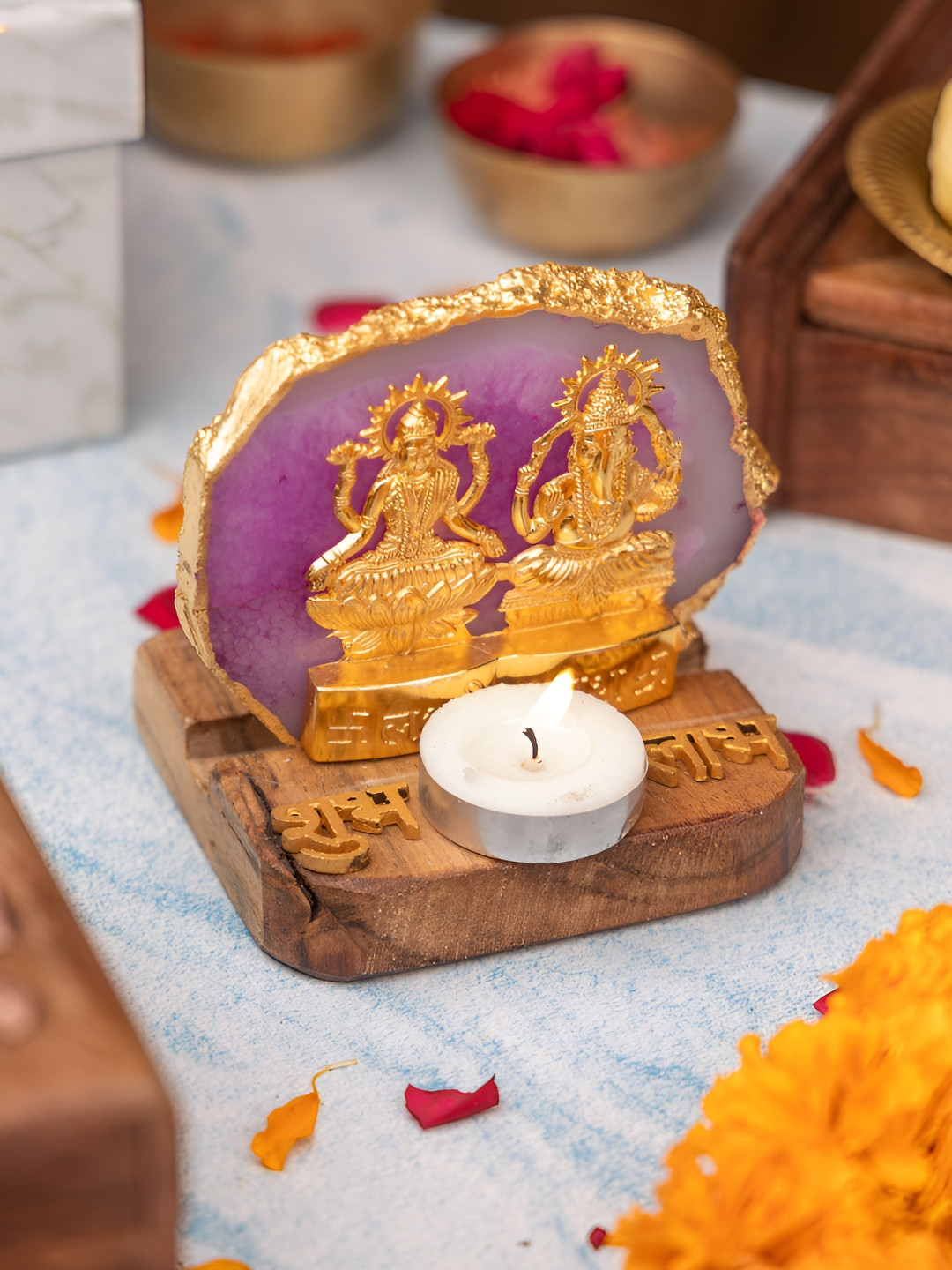 HOMEARTE Pink Laxmi Ganesha With Green Agate And Wooden Base Showpiece Tealight Holder