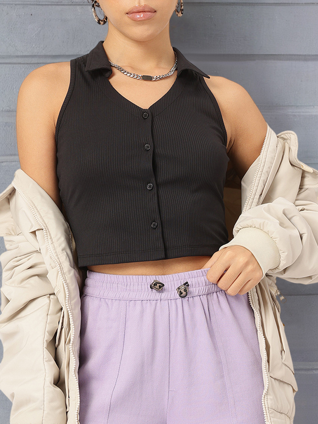 The Roadster Lifestyle Co. Split Shirt Flair Buttoned Ease Crop Top