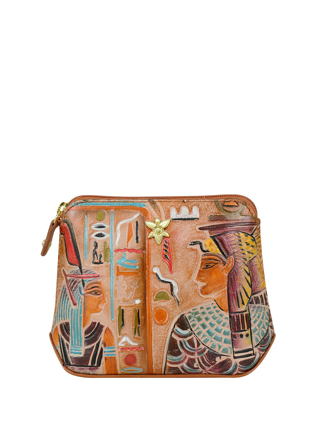 Anuschka Women Tooled Ancient Egypt Copper Hand Painted Leather Multi Purpose Zip Pouch