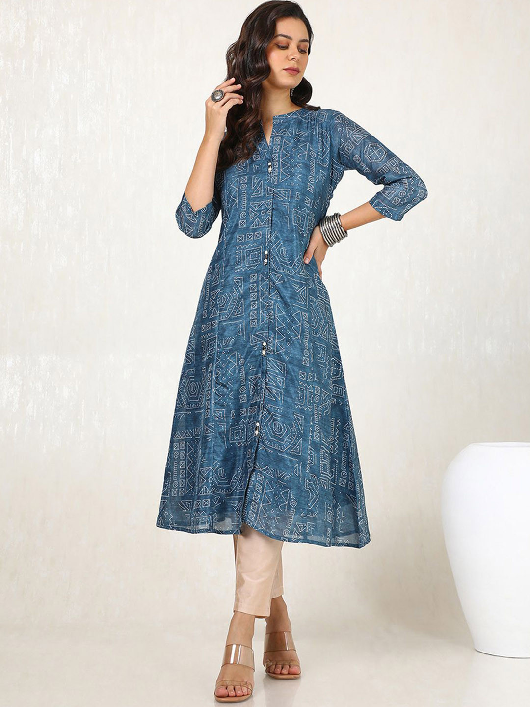 Soch Blue Bandhani Printed Mandarin Collar Beads and Stones A-Line Kurta