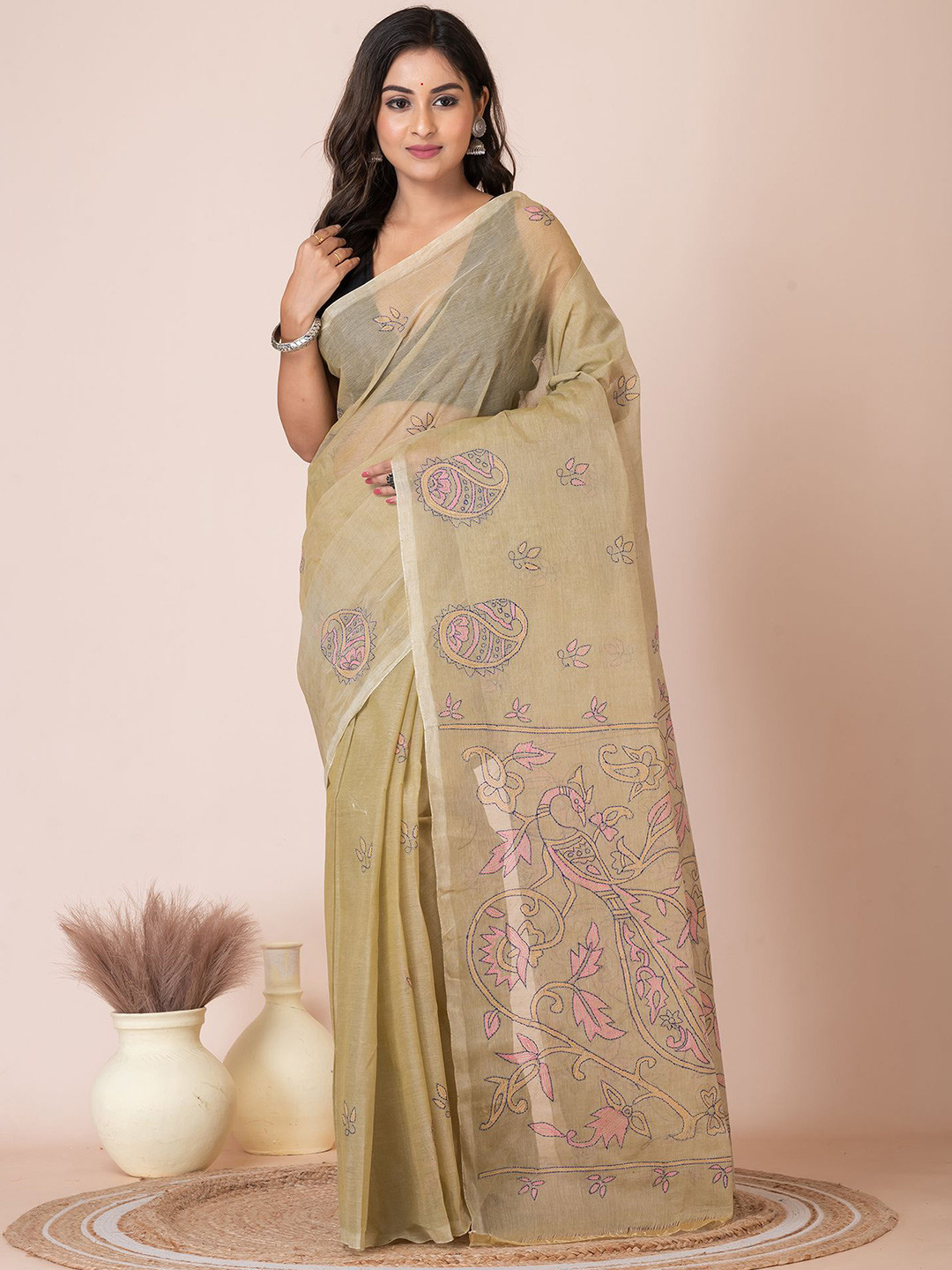 HOUSE OF ARLI Floral Kantha Work Pure Cotton Saree