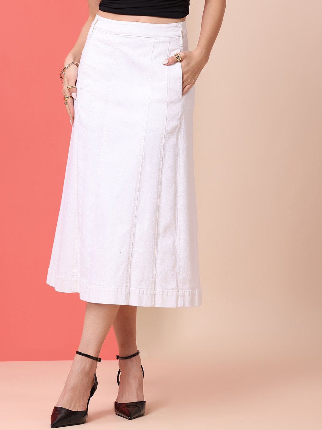 Chemistry Denim Panelled Flared Midi Skirt
