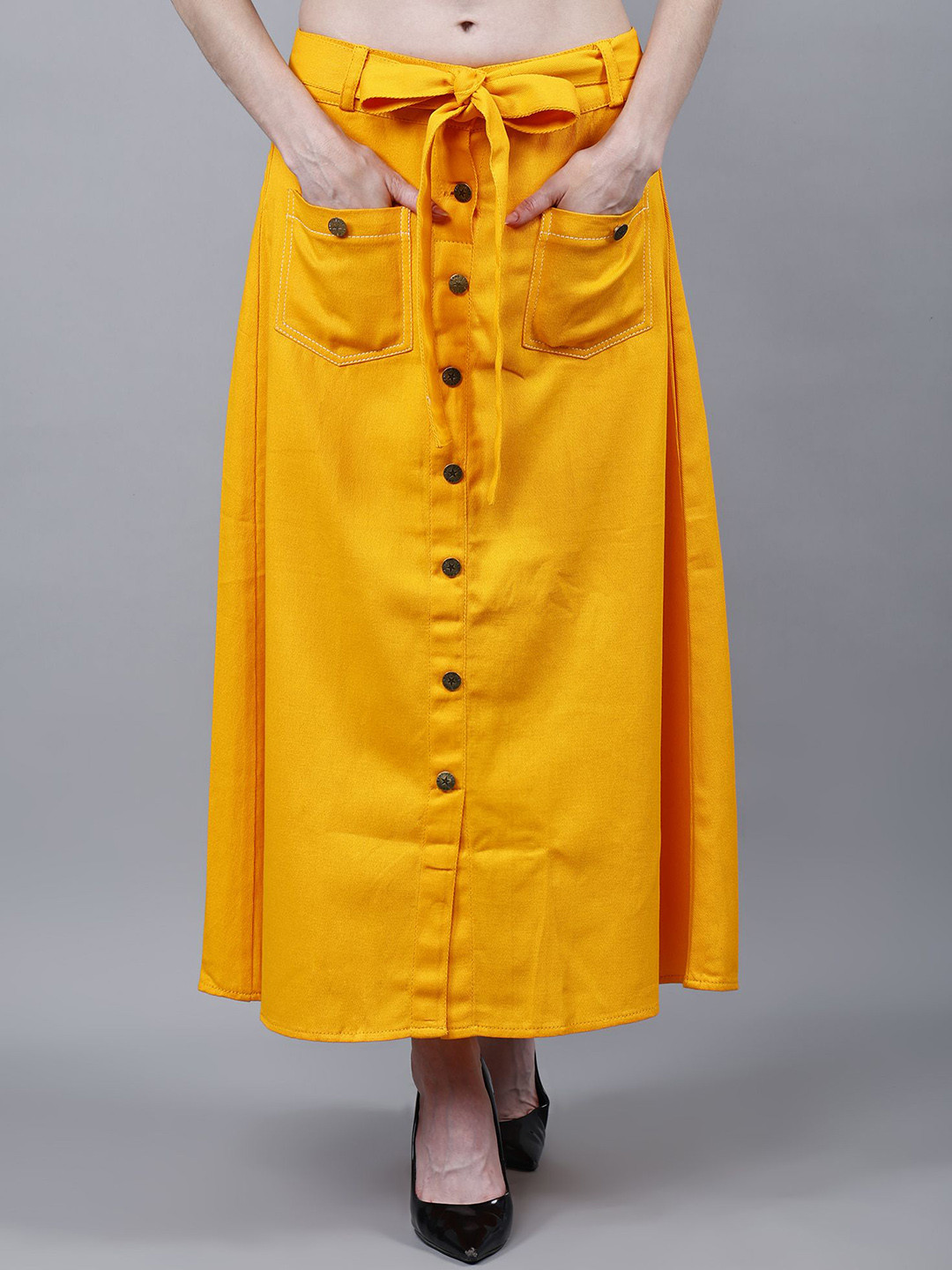 Codaisy Women Pure Cotton A-Line Front Buttoned Maxi Skirt with Belt