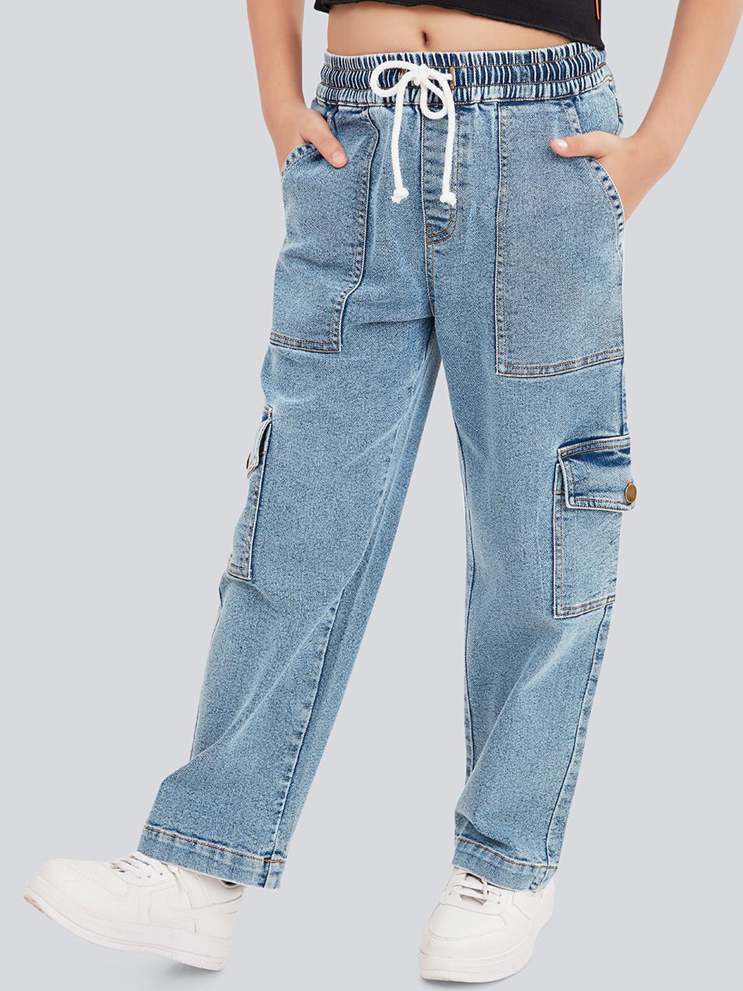 Olele Girls Cotton Denim Stretchable Relaxed Fit Cargo Jeans Pant