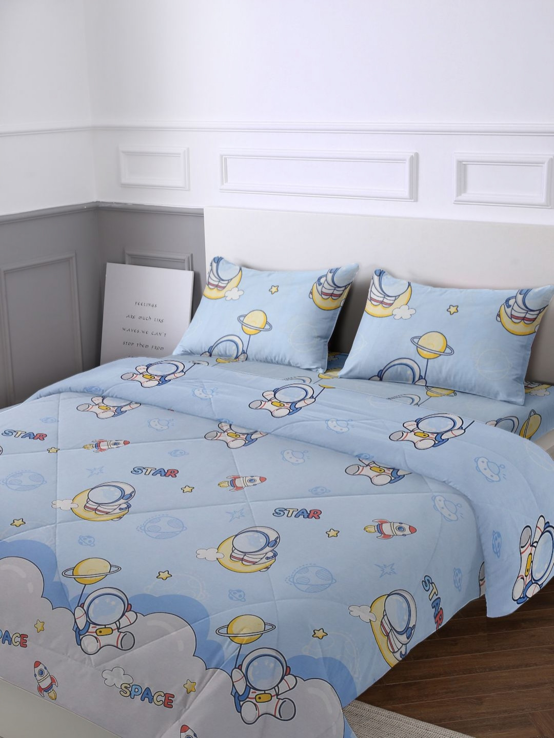 URBAN DREAM Blue and Yellow Cotton Double Queen AC Room Superfine Bedding Set