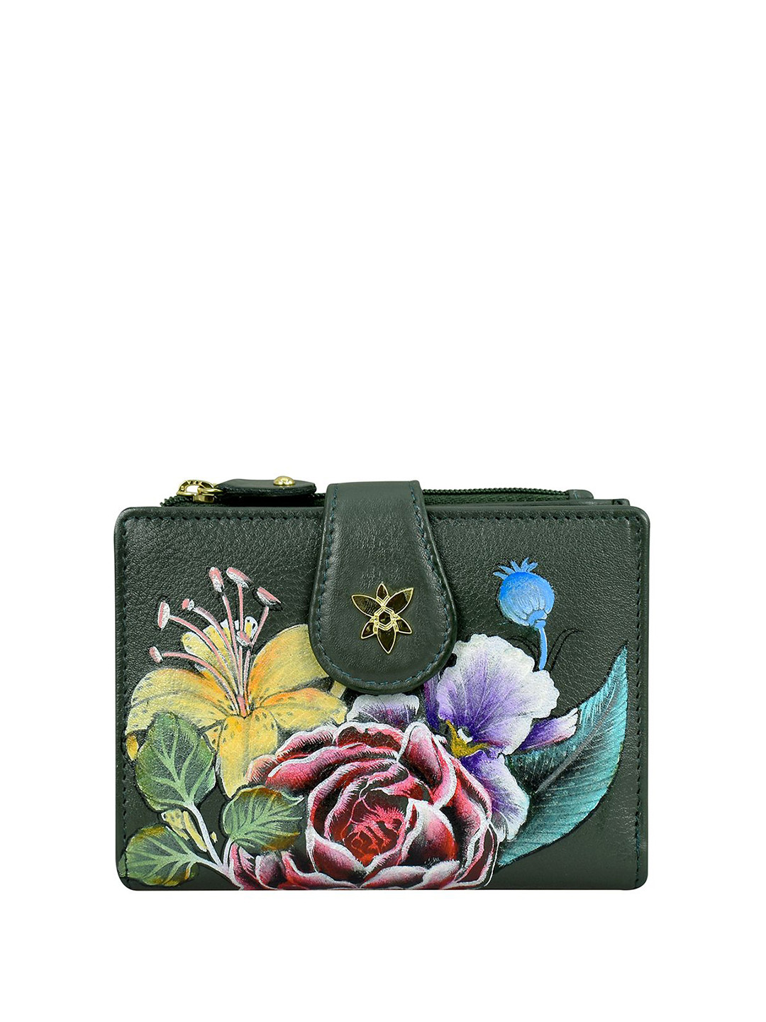 Anuschka Hand Painted Vintage Floral Leather Two Fold Organizer Wallet