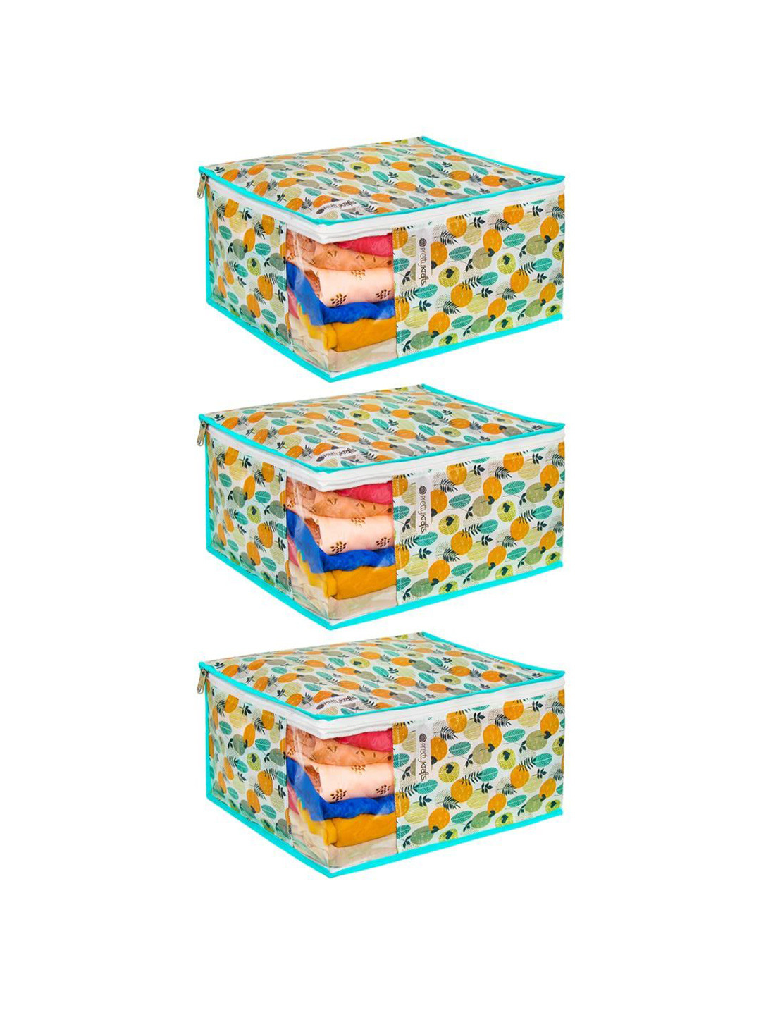 prettykrafts White & Yellow 3 Pieces Printed Reusable Foldable Saree Organisers
