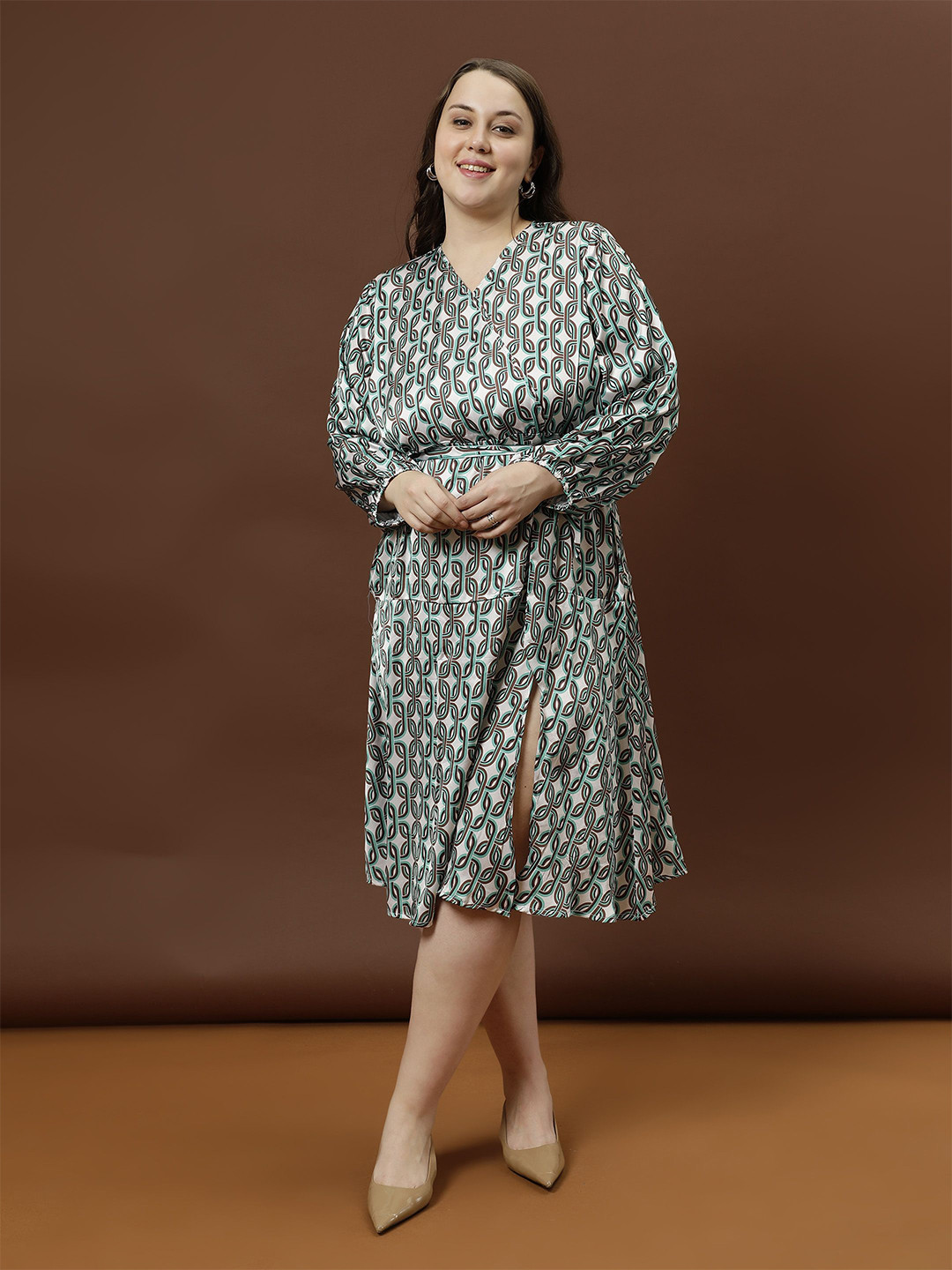 Athena Women Abstract Printed Puff Sleeves Fit & Flare Dress