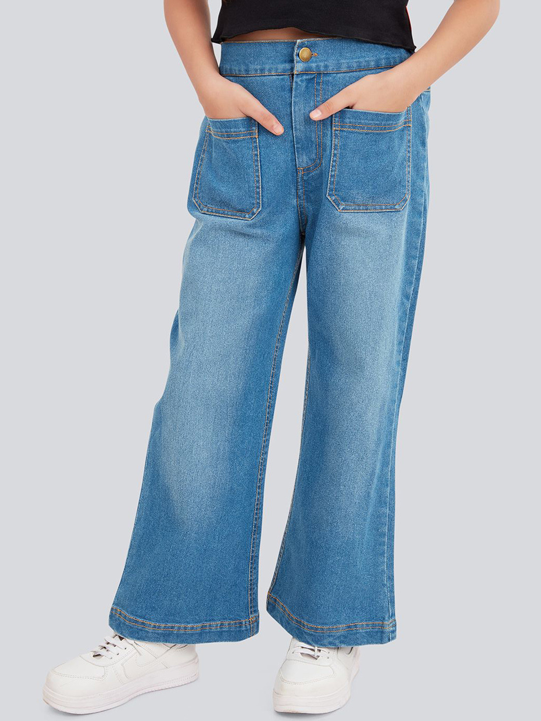 Olele Girls Cotton Denim Stretchable Wide Leg Jeans Pant