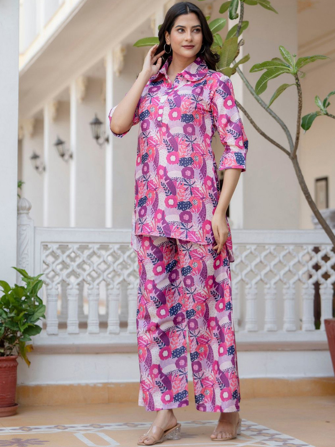 Jaipurite Floral Printed Shirt Collar Three-Quarter Sleeves Cotton Blend Tunic & Palazzos