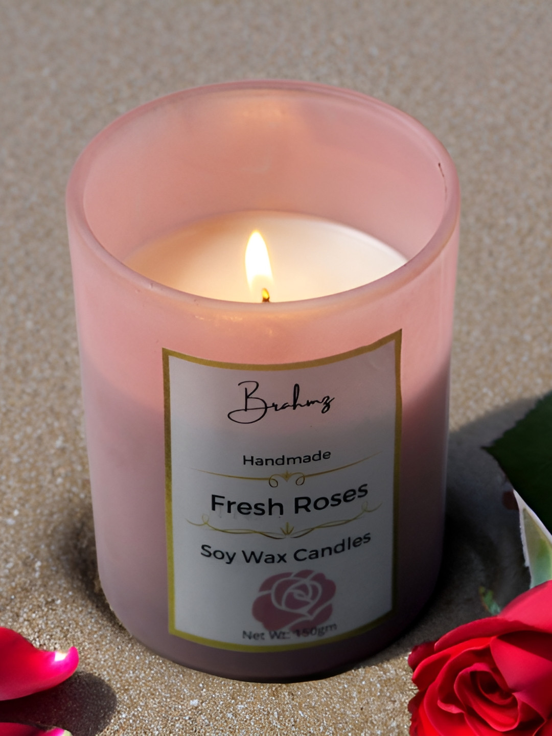 Brahmz Wax Glass Candle Jar Scented 1 Wick Fresh Roses Solid Geometric Regular Candles