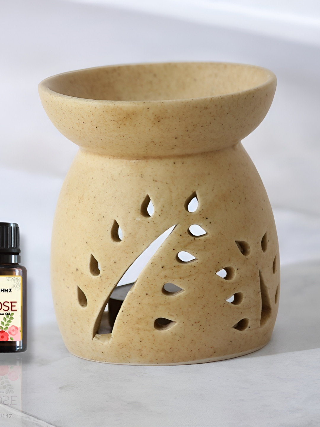 Brahmz Brown 2 Pieces Candle With Tealights & Rose Oil Ceramic Aroma Diffuser Set
