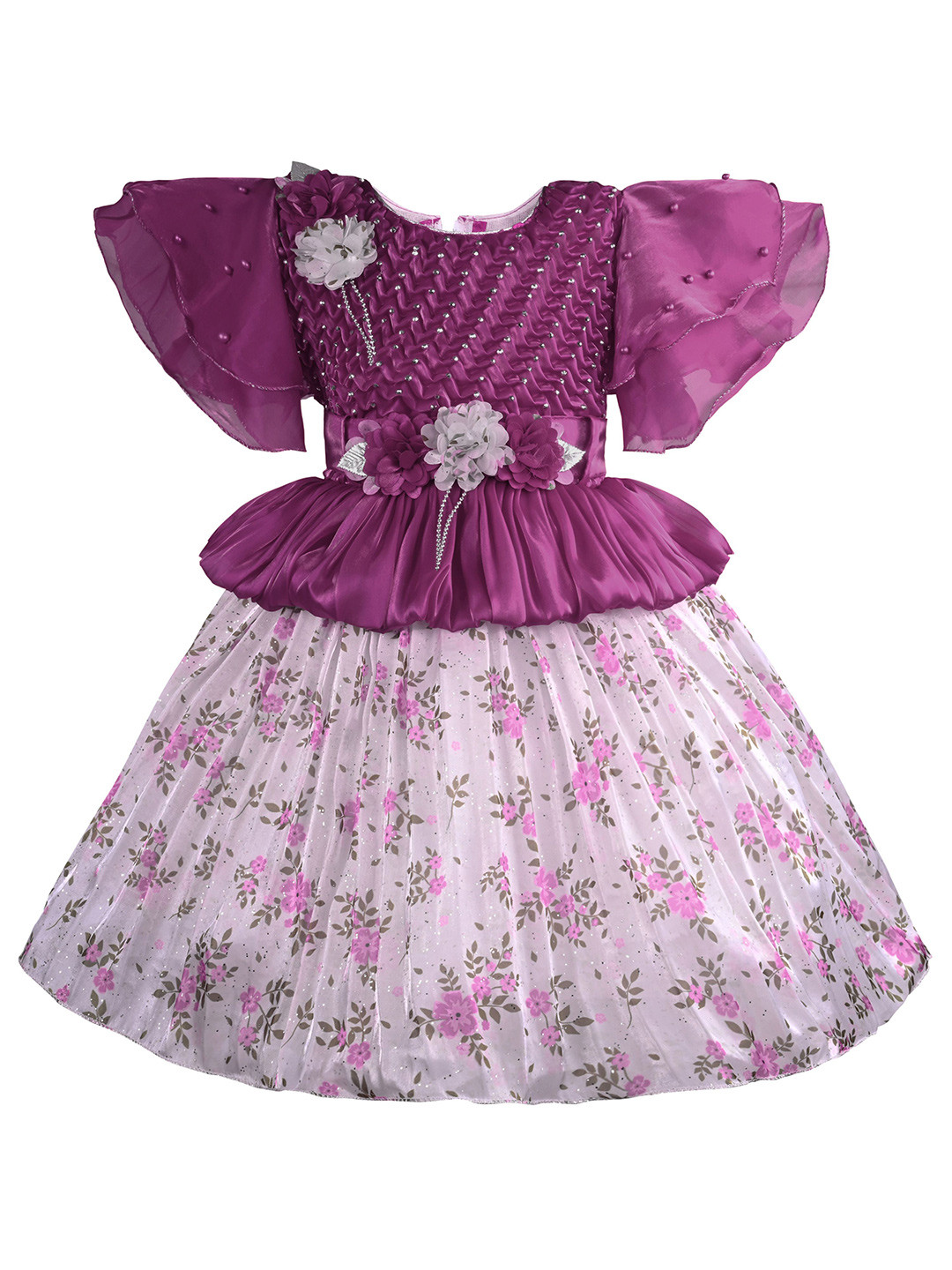 Wish Karo Floral Print Cape Sleeve Fit & Flare Girls Dress