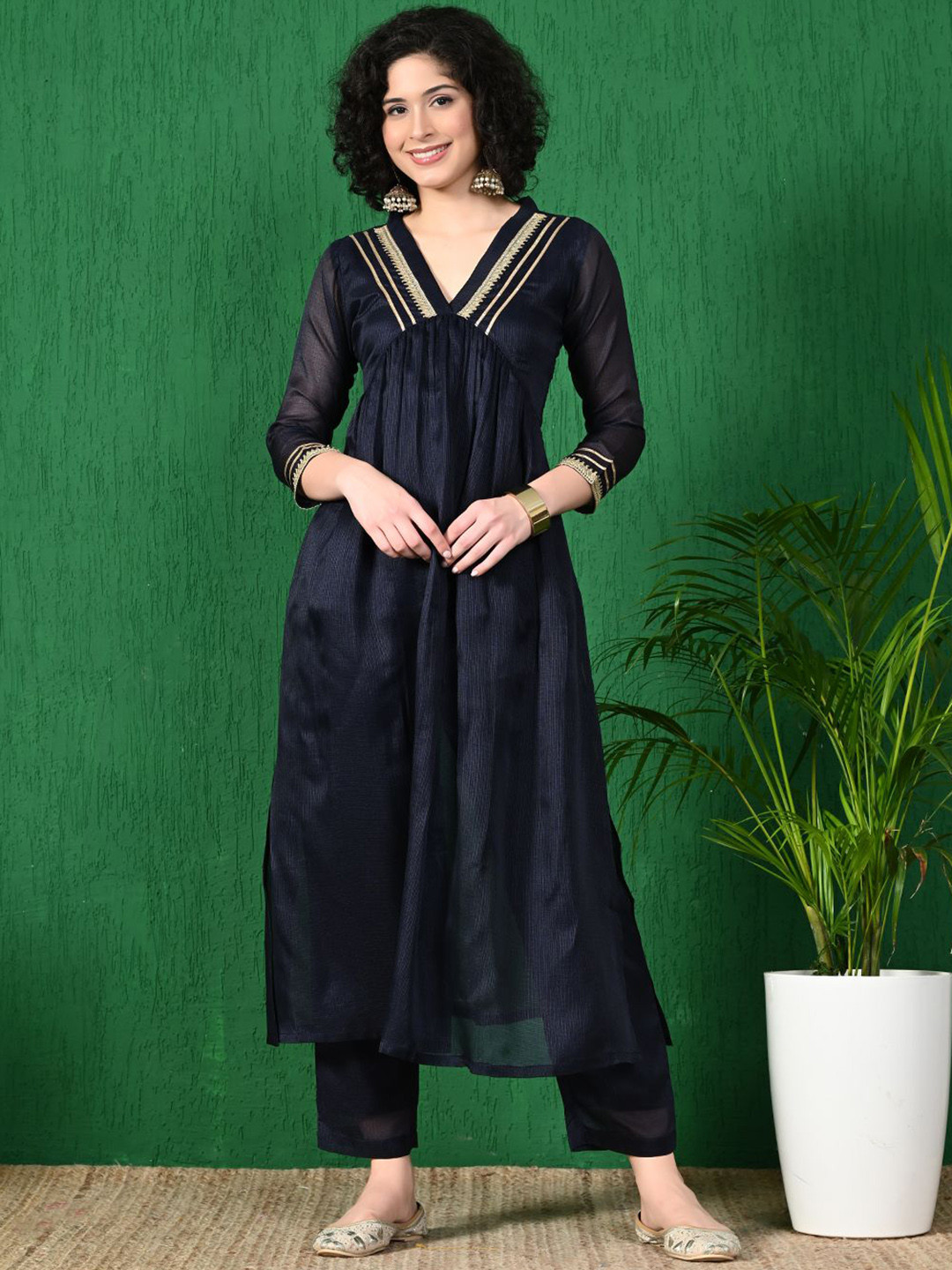 Sangria V Neck Three Quarter A-Line Kurta Sets