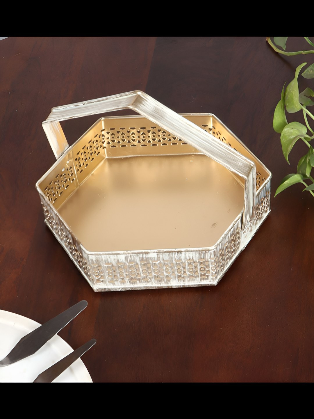 Amaya Decors Gold-Toned Self Design Hexagon Metal Basket