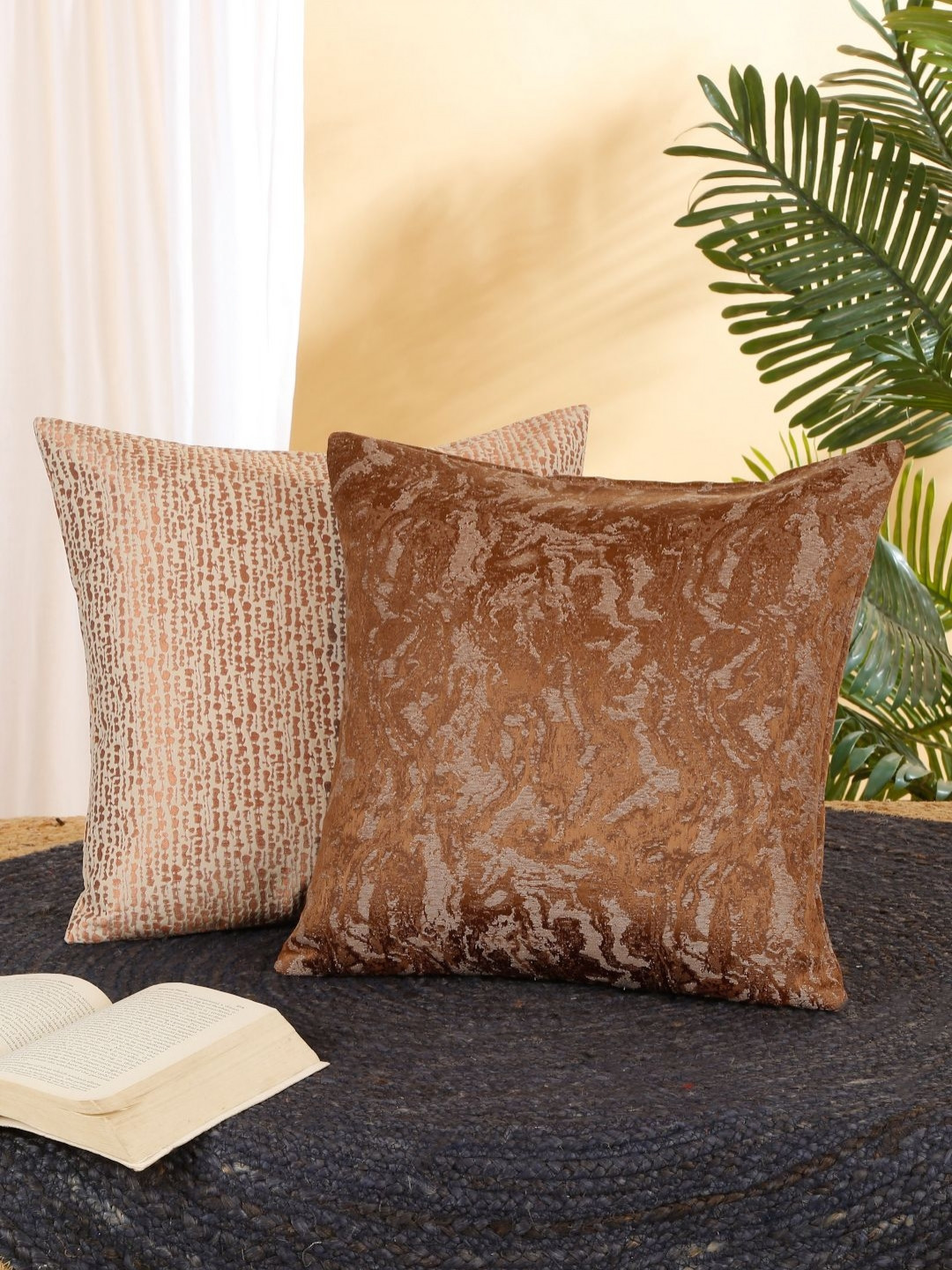 ROSARA HOME Rust Abstract Jacquard Washable 2 Pcs Textured Square Cushion Covers -16x16In