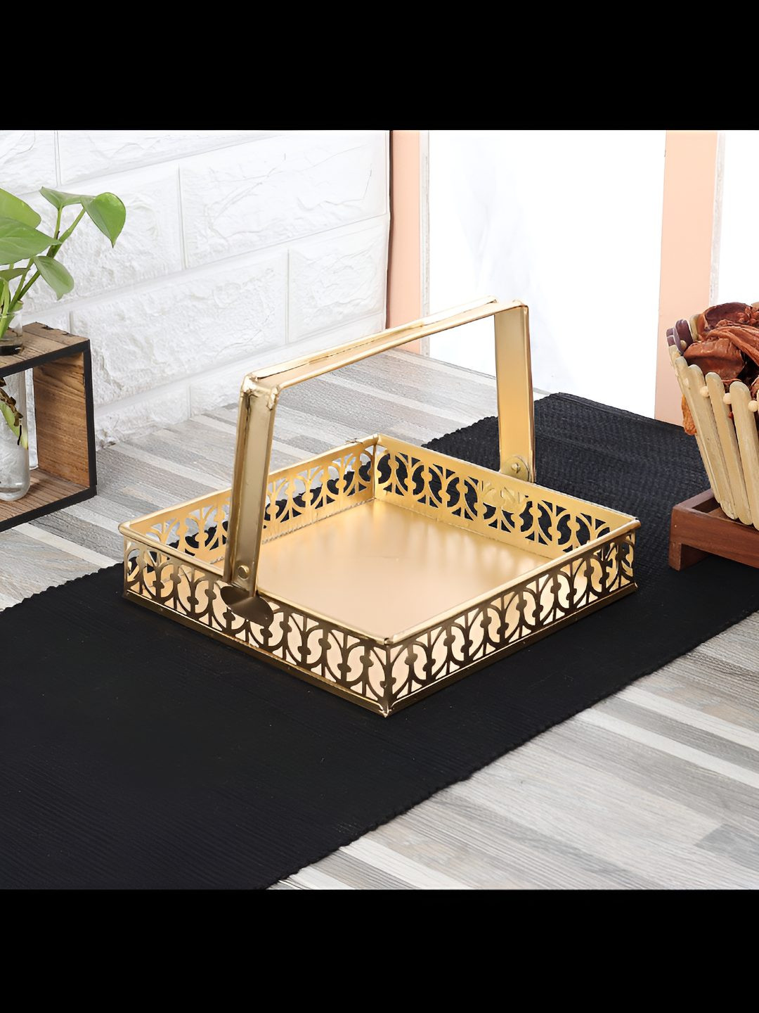 Amaya Decors Gold-Toned Self Design Metal Square Gift Basket