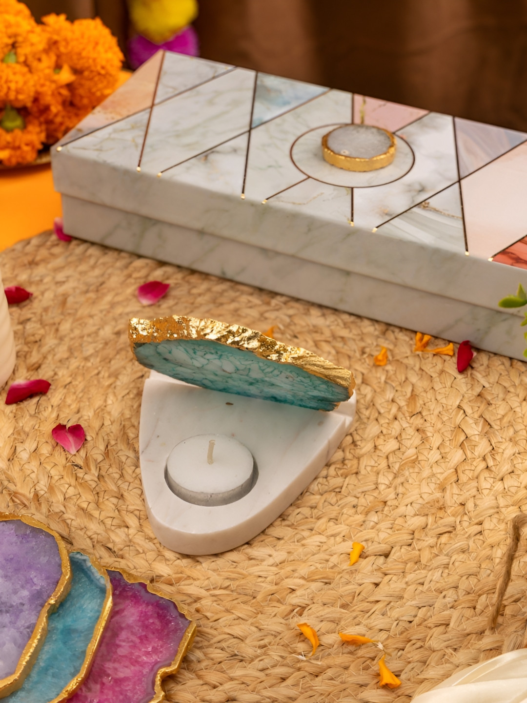 HOMEARTE Green Stone With Marble Base Stoneware Tealight Lamp Holder