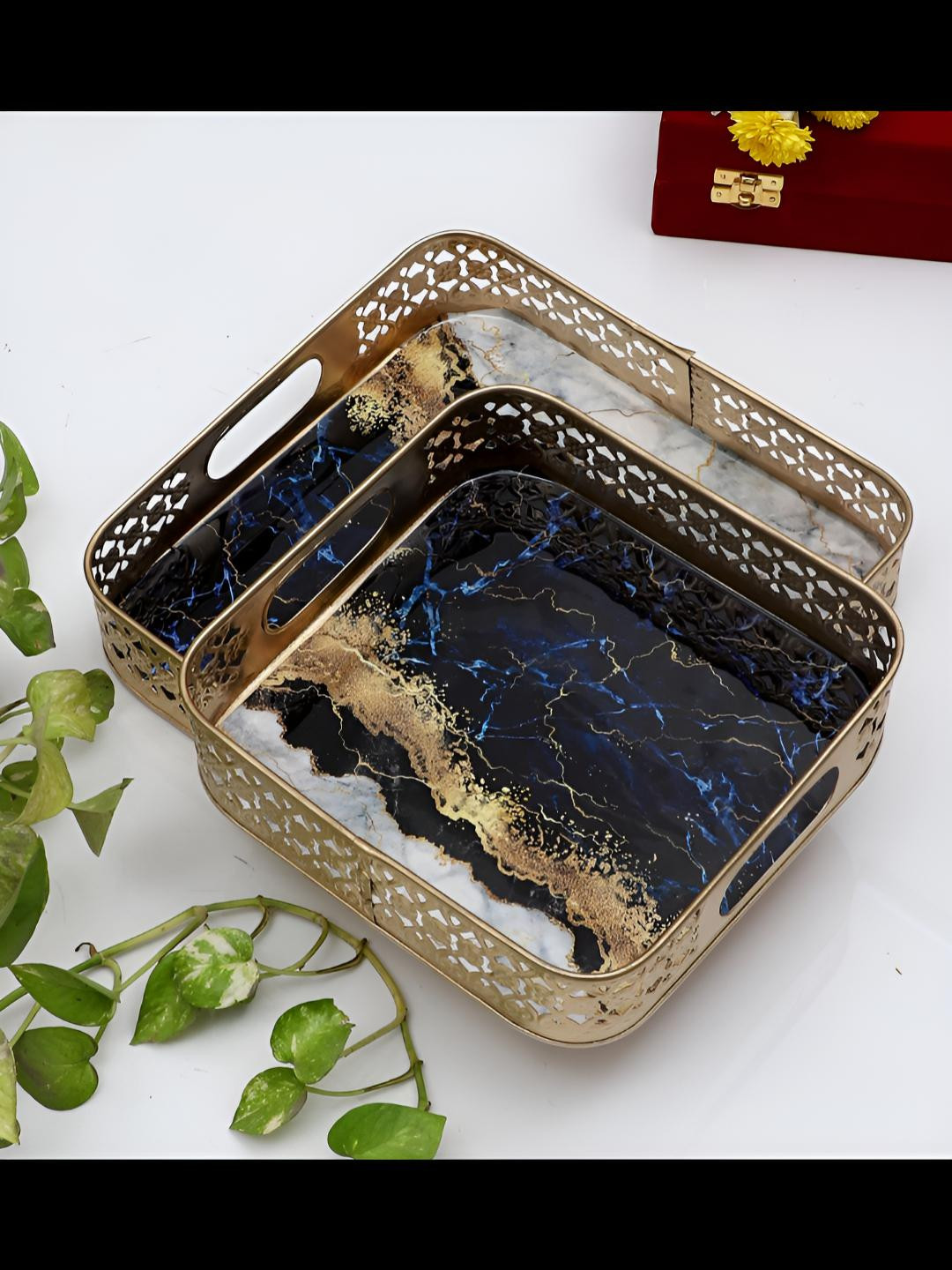 Amaya Decors Gold-Toned & Blue 2 Pieces Square Metal Serving Tray